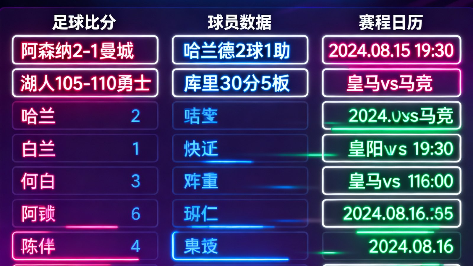 500即时完场比分实时数据大屏，展示多场足球篮球比分、球员数据、赛程日历，霓虹深色风格